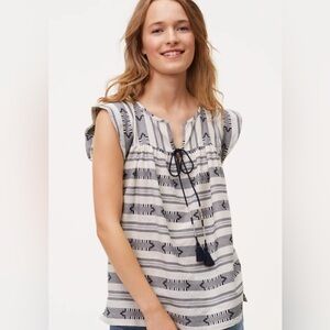 Ann Taylor Loft Striped Tassel Top Boho Peasant Aztec Embroidered Summer M EUC
